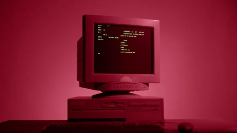 Retro pc with loading code console, programmer making scripts, green basic Stock Footage 218272488