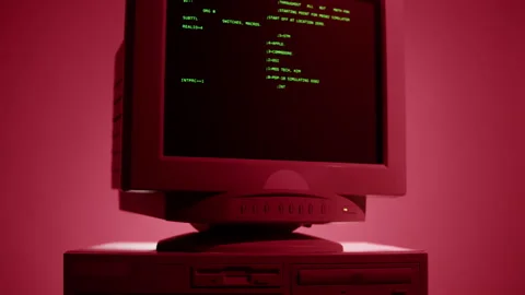 Retro pc with loading code console, programmer making scripts, green basic Stock Footage 218272531