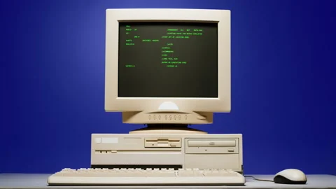 Retro pc with loading code console, programmer making scripts, green basic Stock Footage 218272556