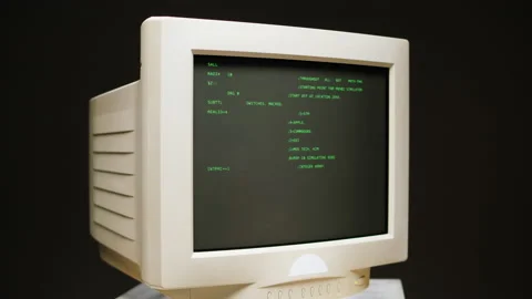 Retro pc with loading code console, programmer making scripts, green basic Stock Footage 218272641