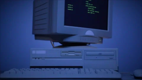 Retro pc with loading code console, programmer making scripts, green basic Stock Footage 218272658