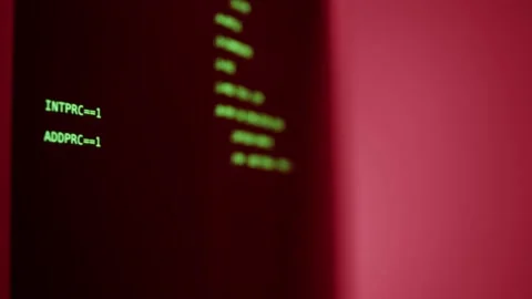 Retro pc with loading code console, programmer making scripts, green basic Stock Footage 219886735