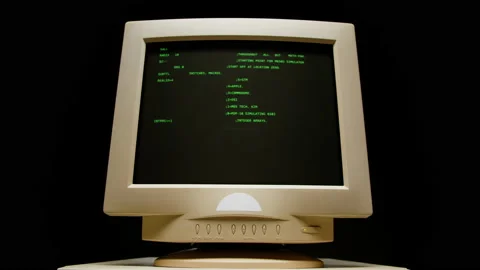 Retro pc with loading code console, programmer making scripts, green basic Stock Footage 219886835