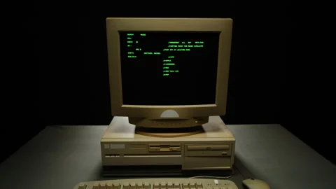 Retro pc with loading code console, programmer making scripts, green basic Stock Footage 219887195