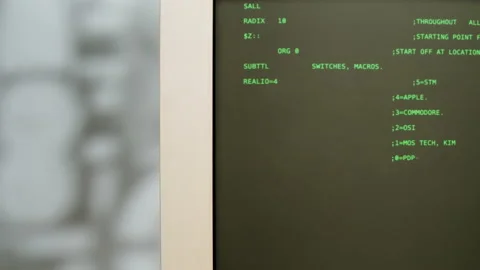 Retro pc with loading code console, programmer making scripts, green basic Stock Footage 219887236