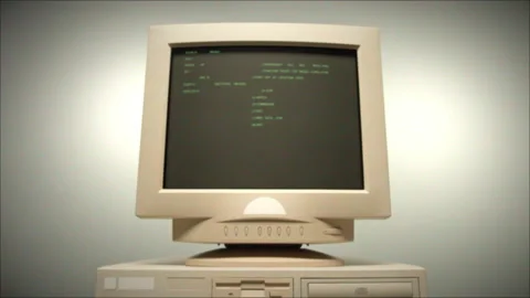 Retro pc with loading code console, programmer making scripts, green basic Stock Footage 219887268