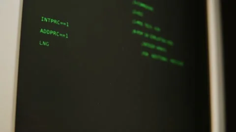 Retro pc with loading code console, programmer making scripts, green basic Stock Footage 220367911