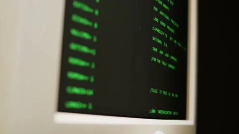 Retro pc with loading code console, programmer making scripts, green basic Stock Footage 220367935