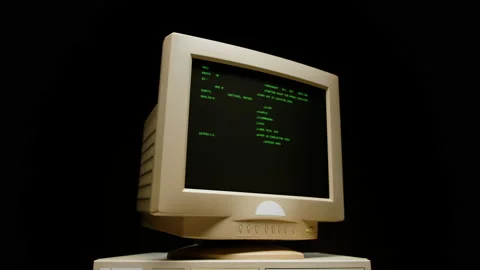 Retro pc with loading code console, programmer making scripts, green basic Stock Footage 220368391