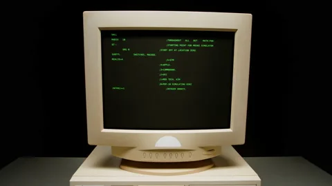 Retro pc with loading code console, programmer making scripts, green basic Stock Footage 220368616