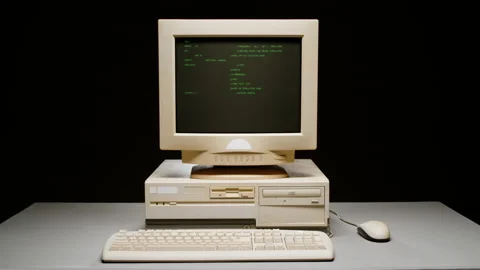 Retro pc with loading code console, programmer making scripts, green basic Stock Footage 220368701