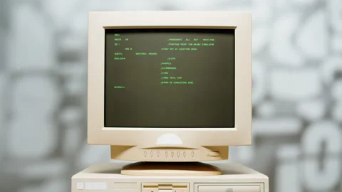 Retro pc with loading code console, programmer making scripts, green basic Stock Footage 220368857