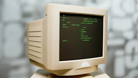 Retro pc with loading code console, programmer making scripts, green basic Stock Footage 220368930