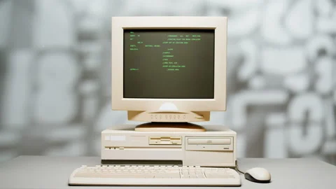 Retro pc with loading code console, programmer making scripts, green basic Stock Footage 220368957