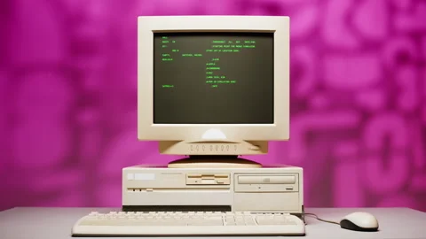 Retro pc with loading code console, programmer making scripts, green basic Stock Footage 220369102