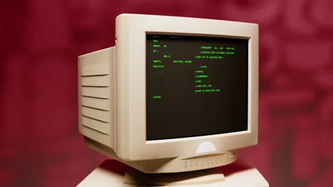 Retro pc with loading code console, programmer making scripts, green basic Stock Footage 220369121