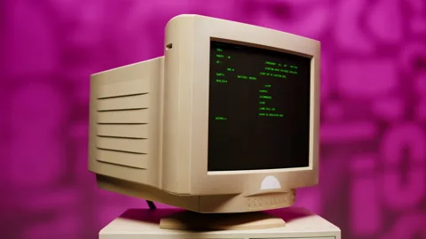 Retro pc with loading code console, programmer making scripts, green basic Stock Footage 220369167