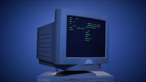 Retro pc with loading code console, programmer making scripts, green basic Stock Footage 220369204