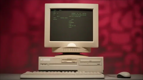 Retro pc with loading code console, programmer making scripts, green basic Stock Footage 220369269