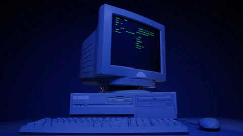 Retro pc with loading code console, programmer making scripts, green basic Stock Footage 220369302