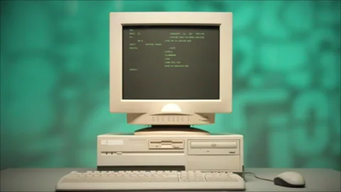 Retro pc with loading code console, programmer making scripts, green basic Stock Footage 220369380