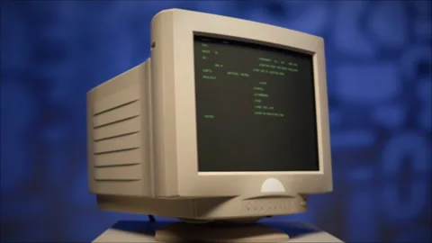 Retro pc with loading code console, programmer making scripts, green basic Stock Footage 220369595