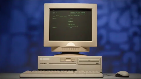 Retro pc with loading code console, programmer making scripts, green basic Stock Footage 225699371
