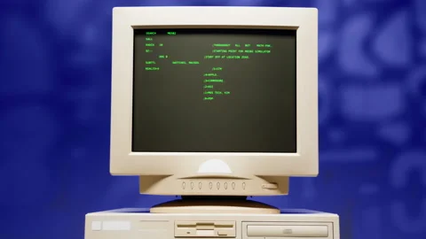 Retro pc with loading code console, programmer making scripts, green basic Stock Footage 226231500