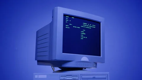 Retro pc with loading code console, programmer making scripts, green basic Stock Footage 230244117