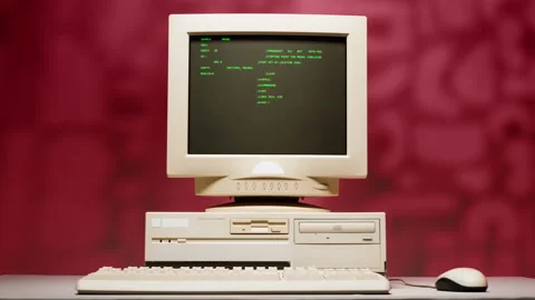 Retro pc with loading code console, programmer making scripts, green basic Stock Footage 230244312