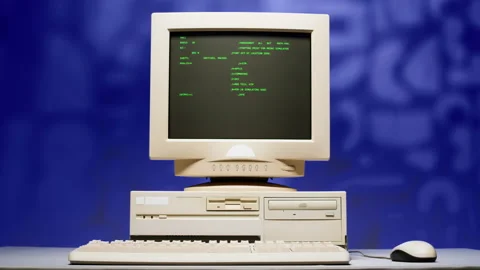 Retro pc with loading code console, programmer making scripts, green basic Stock Footage 230244538
