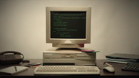 Retro pc with loading code console, programmer making scripts, green basic Stock Footage 263815288
