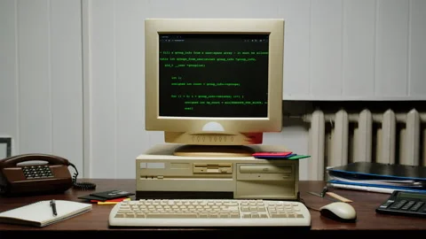 Retro pc with loading code console, programmer making scripts, green basic Stock Footage 270099790