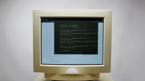 Retro pc with loading code console, programmer making scripts, green basic Stock Footage 271362199