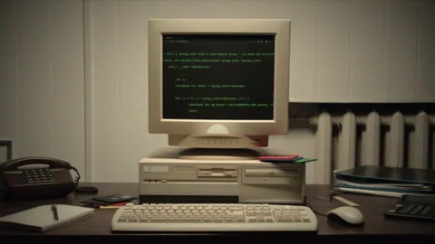 Retro pc with loading code console, programmer making scripts, green basic Stock Footage 273355716