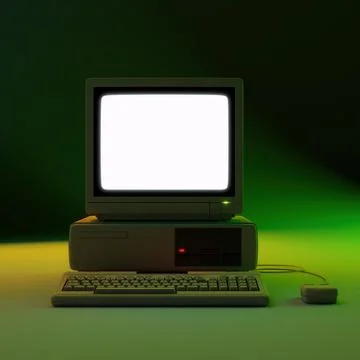 Retro PC Mock-Up with Glowing White Screen in Studio Light. Stock Photos