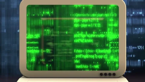 Retro PC Screen 3D Video Animation of Programming Code and Software Hack Concept Stock Footage 257787719