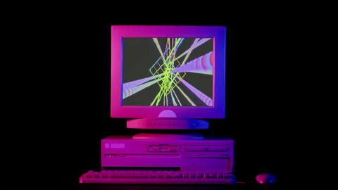 Retro pc with vintage screen saver, for chroma key green screen, Old computer Stock Footage 256165255