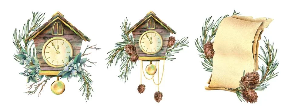 A retro pendulum and cuckoo clock decorated with pine branches and checkers with Stock Illustration