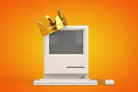 Retro Personal Computer with Golden Crown. 3d Rendering Stock Illustration