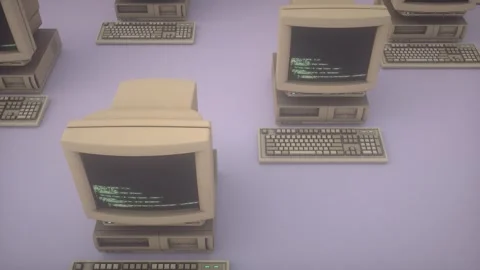 Retro personal computer or PC with keyboard in dynamic motion. Abstract 3D Stock Footage 283036001