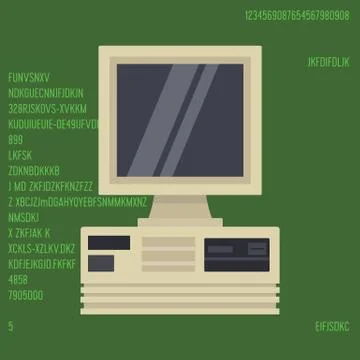 Retro personal desktop computer vector illustration. Old PC with display and on Stock Illustration