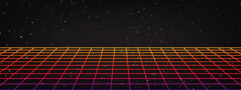 Retro perspective grid floor background with neon gradient wireframe. Futur.. Stock Illustration