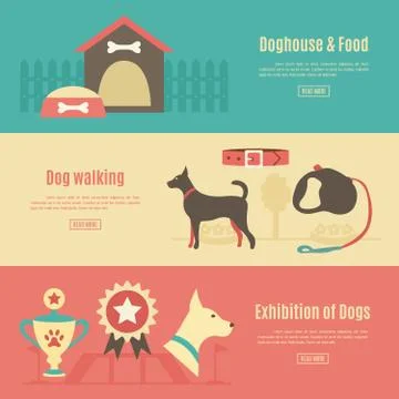 Retro pet flat horizontal banner set. Vector illustration for an Stock Illustration