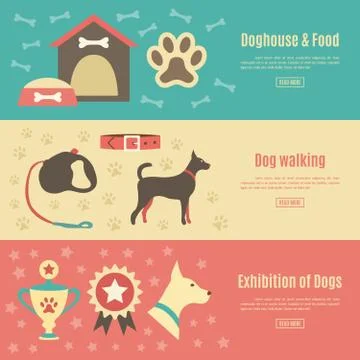 Retro pet flat horizontal banner set. Vector illustration for an Stock Illustration