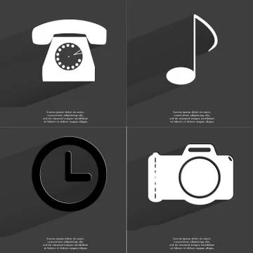 Retro phone, Note, Clock, Camera icon sign. Set of Symbols with Flat design a Illustrazione stock