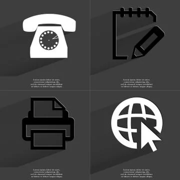 Retro phone, Notebook, Printer, Web with cursor icon sign. Set of Symbols wit Stock Illustration
