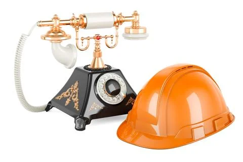 Retro phone with orange hard hat, 3D rendering Stock Illustration