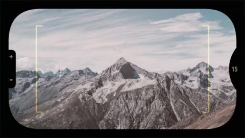 Retro photo camera screen with mountains scene in national park of Dombay Stock Footage 200475369