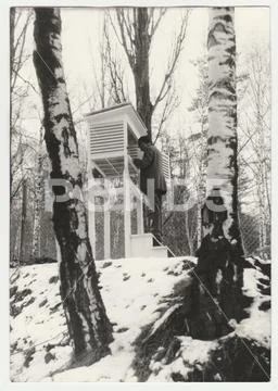 Retro photo shows meteorologist to control temperature. Vintage black & white Stock Photos